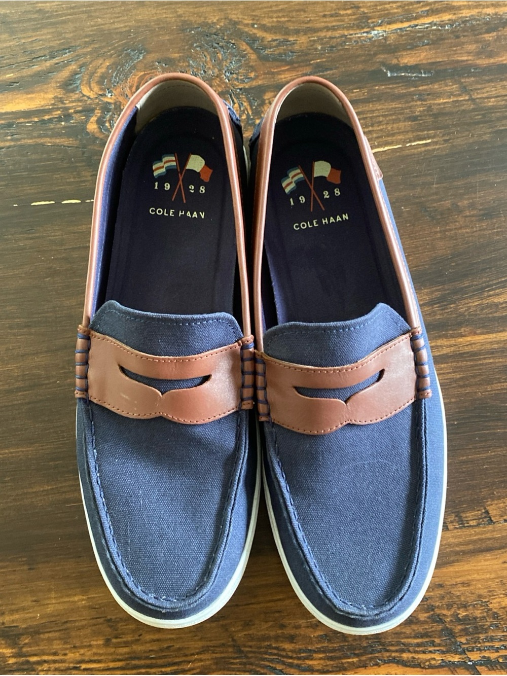 Cole Haan Men’s Navy and Brown Canvas Penny Loafers Size 12M